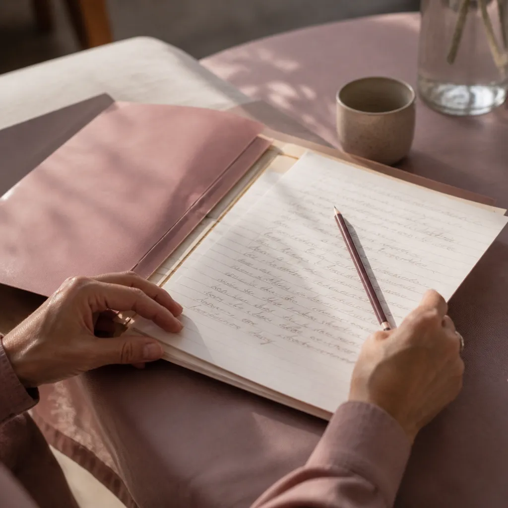 Dossier ouvert sur une table, avec une liste manuscrite de points à régler et un crayon