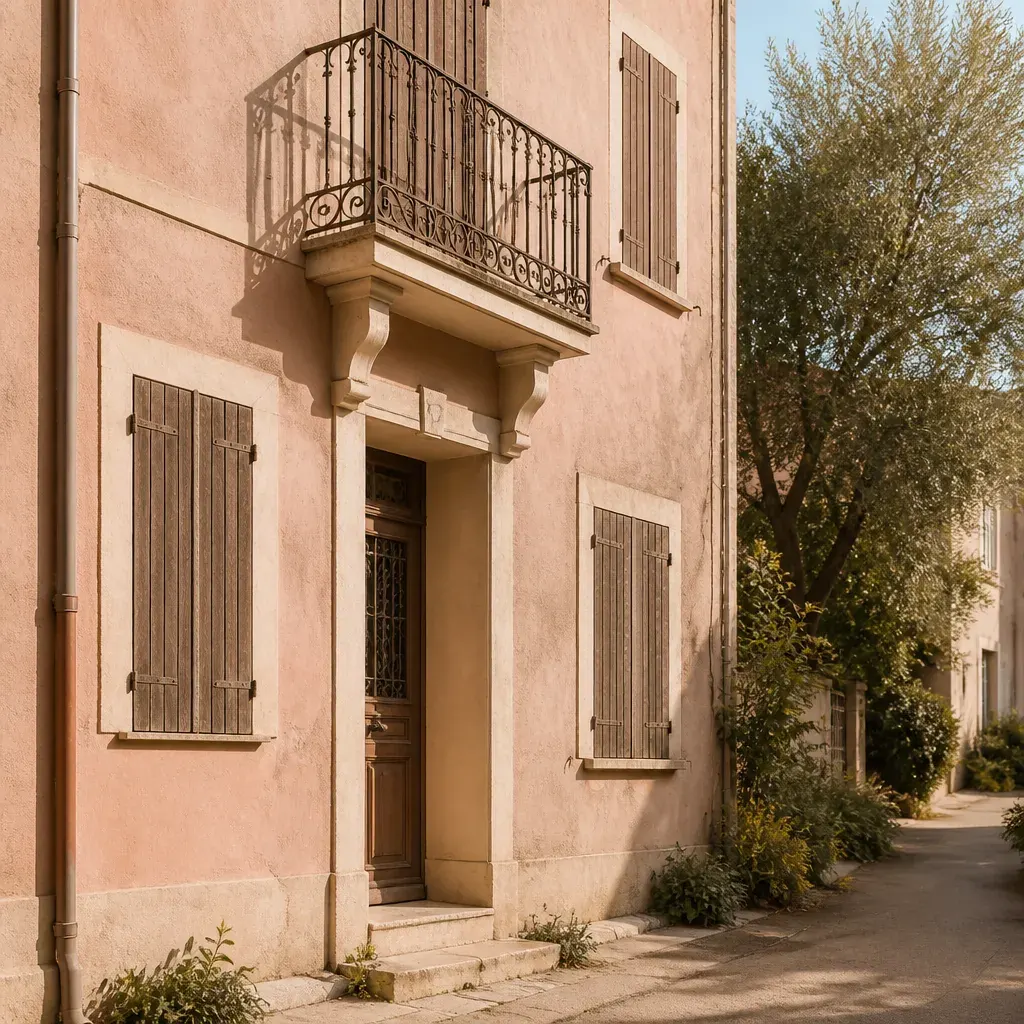Détail de façade d’un immeuble résidentiel ordinaire, dans une commune calme de la couronne de Montpellier