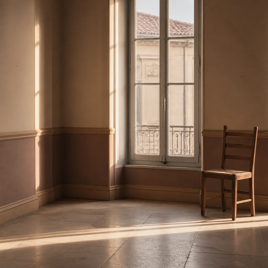 Pièce sobre et vide avec une grande fenêtre, lumière chaude et douce posée sur le sol