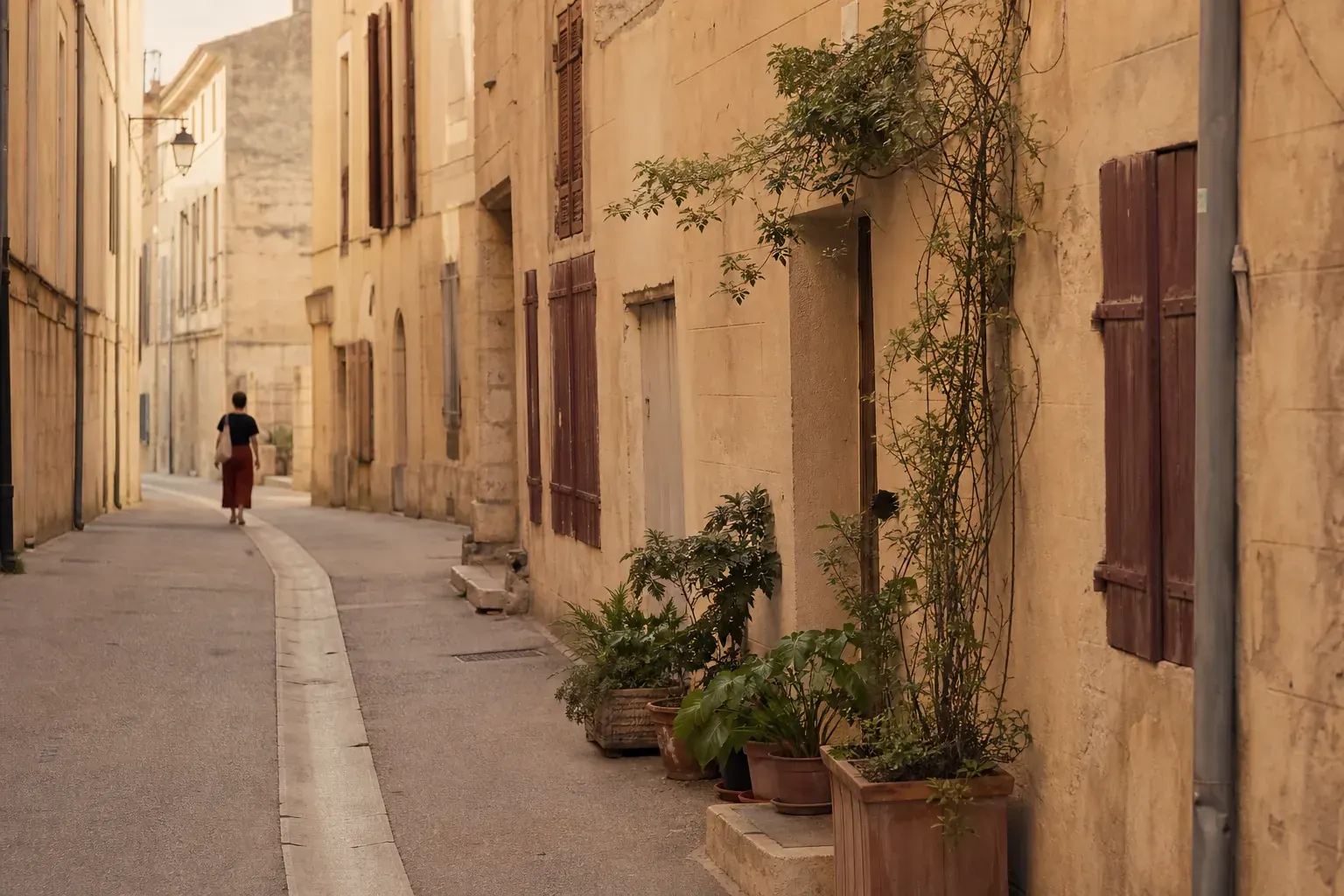 Rue calme du quartier de l’Écusson à Montpellier, façades anciennes, lumière chaude du matin